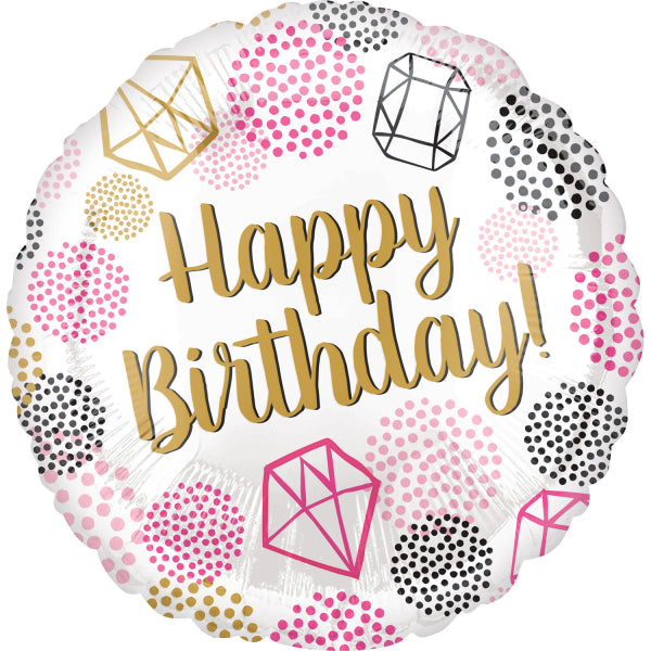 ABC18 Folienballon "Happy Birthday" Gems Rund | 43cmØ