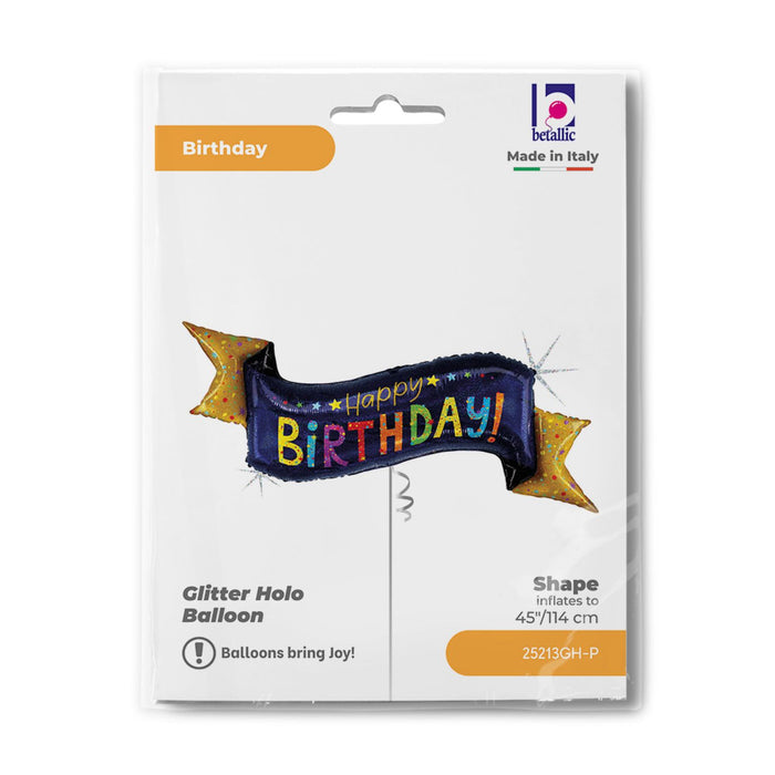 Shape Folienballon Banner "Happy Birthday" Holografisch | 114 cm