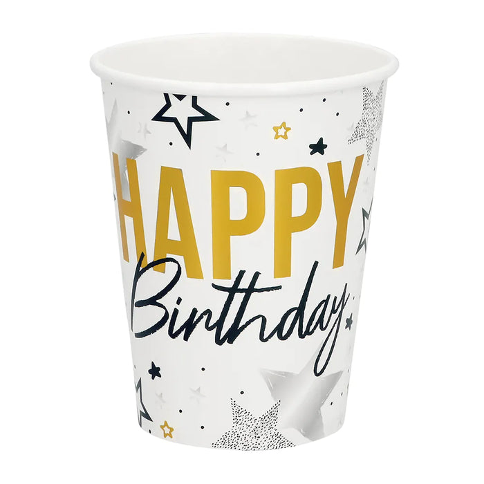 „Happy Birthday“ 8 Pappbecher 250 ml | Gold Schwarz