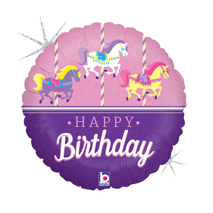 ABC18 Folienballon "Happy Birthday Karussellpferdchen" Holo | Ø 46 cm