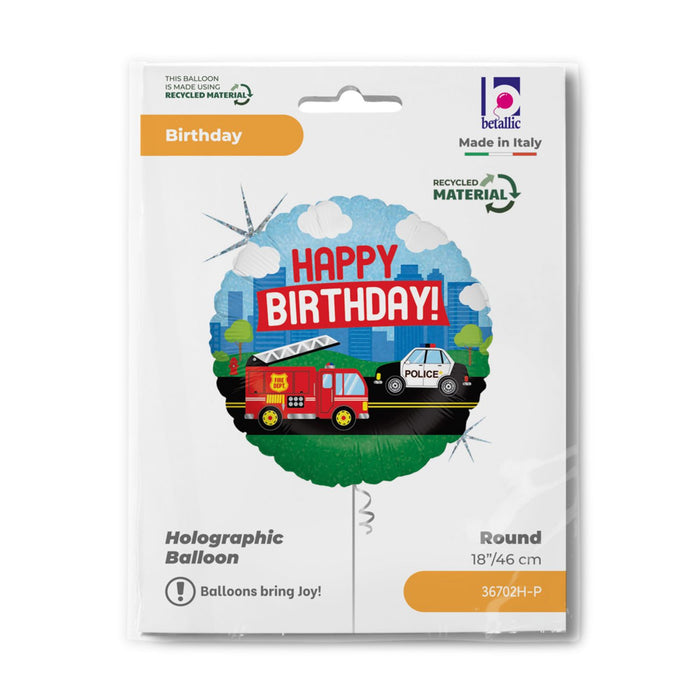 ABC18 Folienballon Einsatzfahrzeuge "Happy Birthday" Holografisch | 46 cm