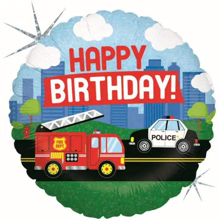 ABC18 Folienballon Einsatzfahrzeuge "Happy Birthday" Holografisch | 46 cm