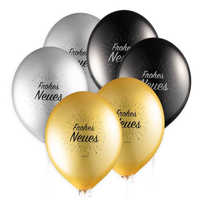 Luftballon Frohes Neues ca. 33cmØ/6St. Silber, Schwarz, Gold