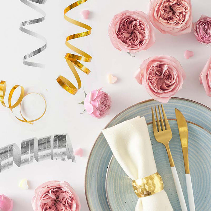 Luftschlangen "Holografisch" 4m / 5 Rollen Gold/Silber