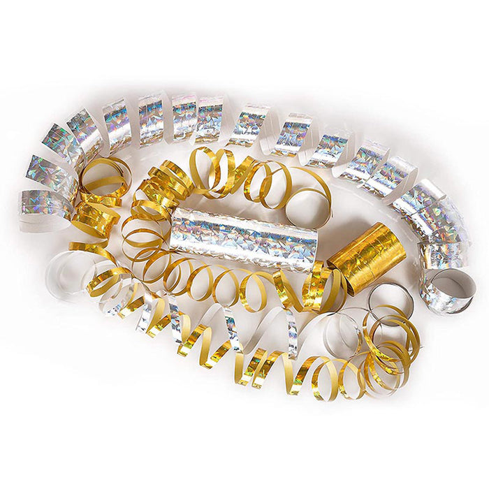 Luftschlangen "Holografisch" 4m / 5 Rollen Gold/Silber