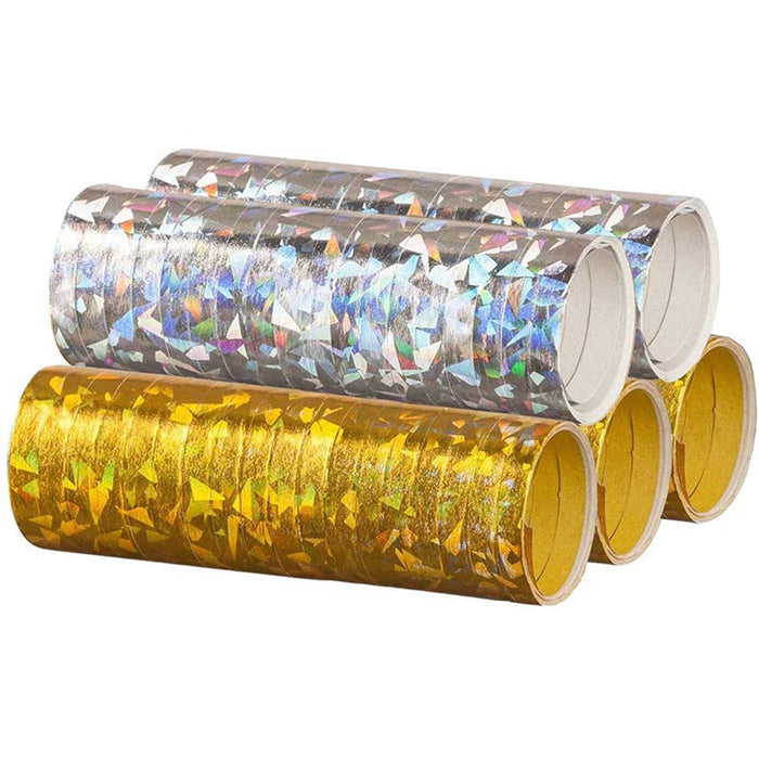 Luftschlangen "Holografisch" 4m / 5 Rollen Gold/Silber
