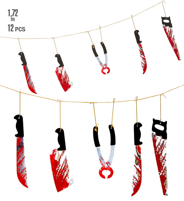 Blutverschmierte Halloween Girlande mit Waffen | 172 cm Dekoration