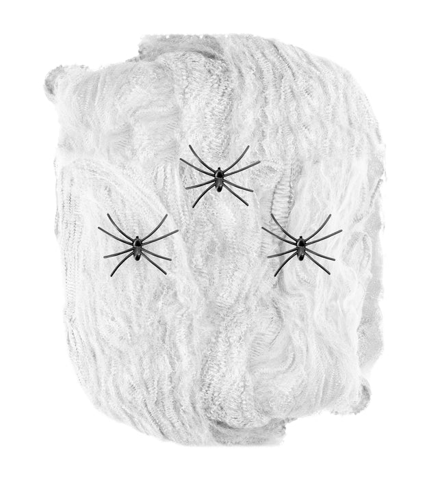 Weißes Spinnennetz 50g mit 3 Spinnen | Halloween Dekoration