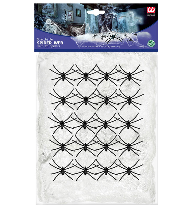 Weißes Halloween Spinnennetz | 500g mit 20 Spinnen Dekoration