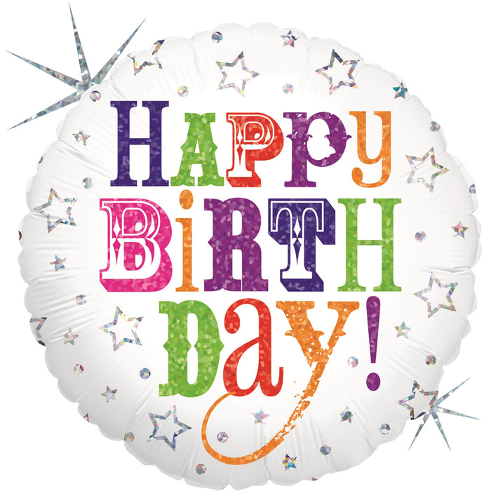 ABC18 Folienballon "Happy Birthday Sterne" Holo/Glitter | Ø 46 cm Weiß