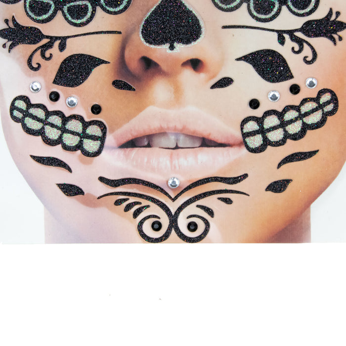 Halloween Gesichts-Tattoo "Skelett" | Schwarz Glitzer