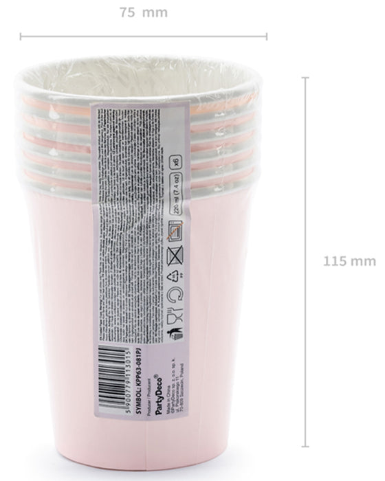 6 Pappbecher "Happy B'day" 220 ml | Hell-Puderrosa