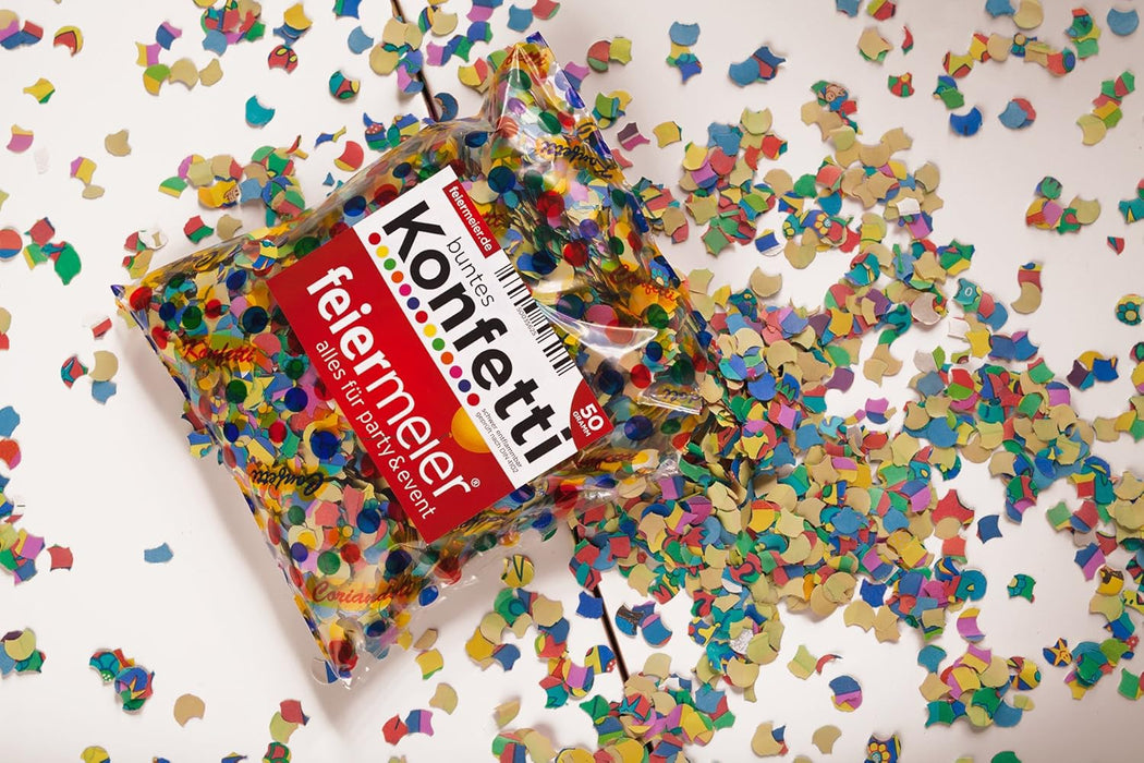 feiermeier® Konfetti Papier Bunt 50g  Bunte Papierkonfetti für Party, Hochzeit, Karneval, Geburtstag, Silvester & Event-Deko