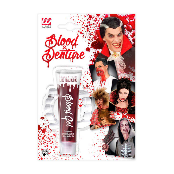 Kunstblut in der Tube mit Vampir Gebiss - 28 ml | Halloween Dekoration Fakeblood Vampirblut