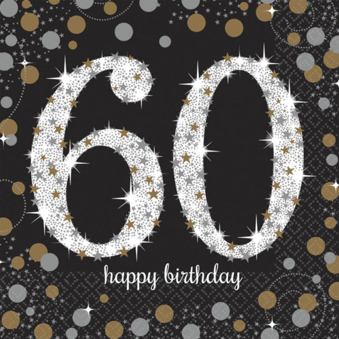 Amscan "Sparkling Celebration 60" 16 Servietten 33 x 33 cm - Schwarz Gold - 511547 | Partydeko Geburtstag