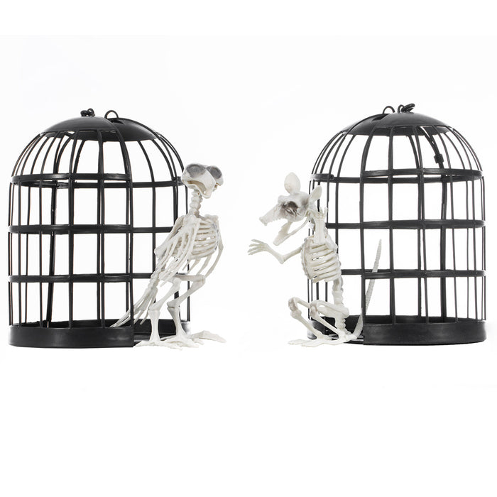 Gruselige Skelett Ratte im Käfig 17x23 cm | Halloween Dekoration