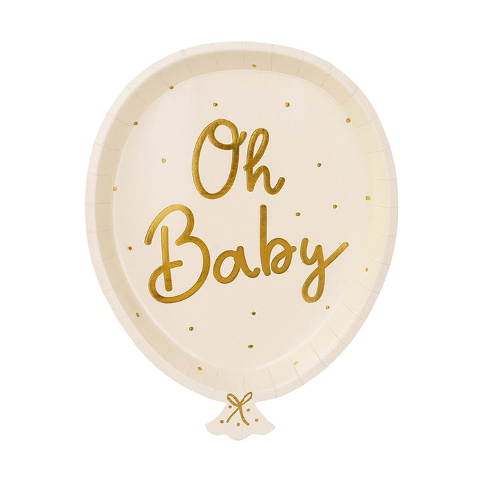"Oh Baby" Papier Teller Weiß/Gold | 6 Stück 17,5 x 22 cm Babyparty Dekoration