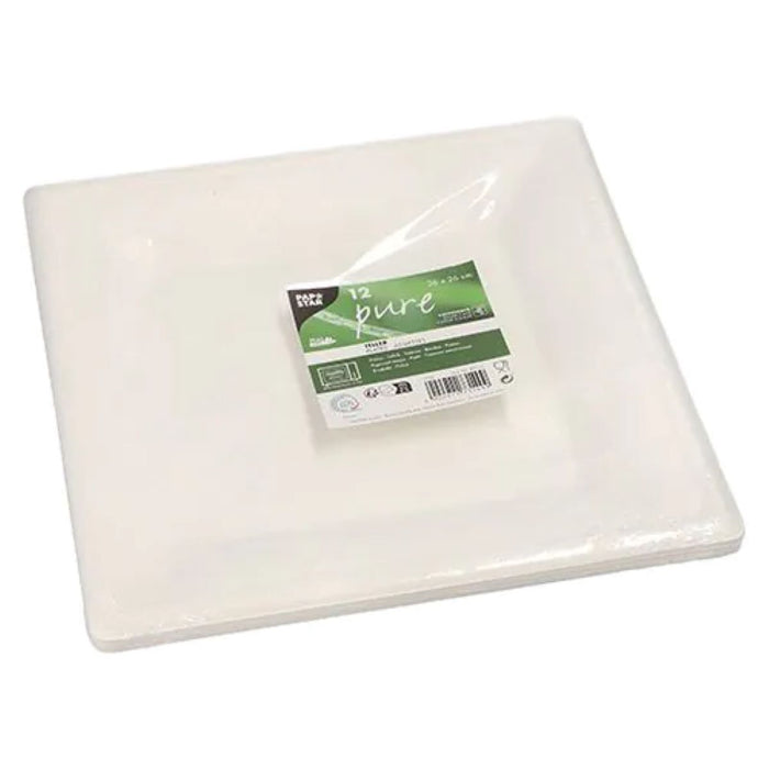 Zuckerrohr Teller eckig "pure" weiss | 12 Stück 26 x 26 cm