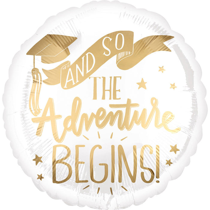 ABC18 Folienballon "The Adventure Begins" Abschluss | Ø 45 cm Weiß/Gold