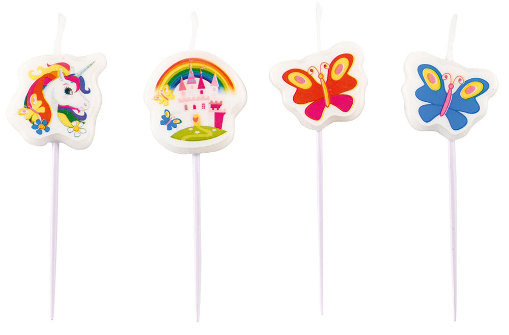 "Regenbogen Einhorn" Partydekoration - 4 Mini Figurenkerzen ca. 8 cm