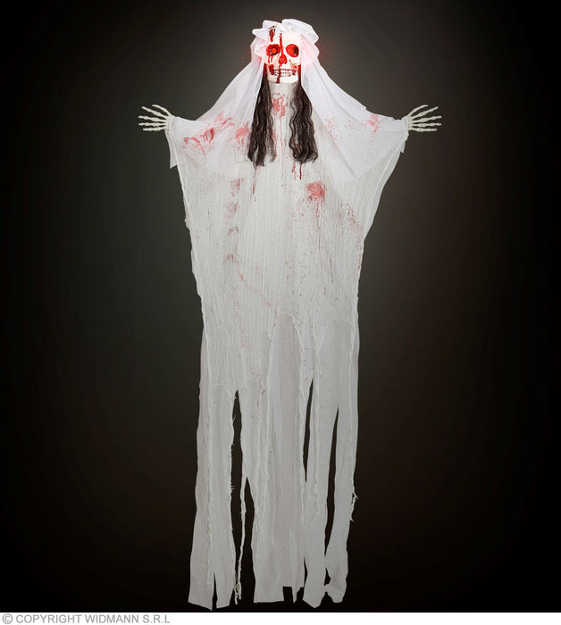 Hängefigur "Blutige Skelett Braut" Leuchtender Kopf 170 cm | Halloween Dekoration