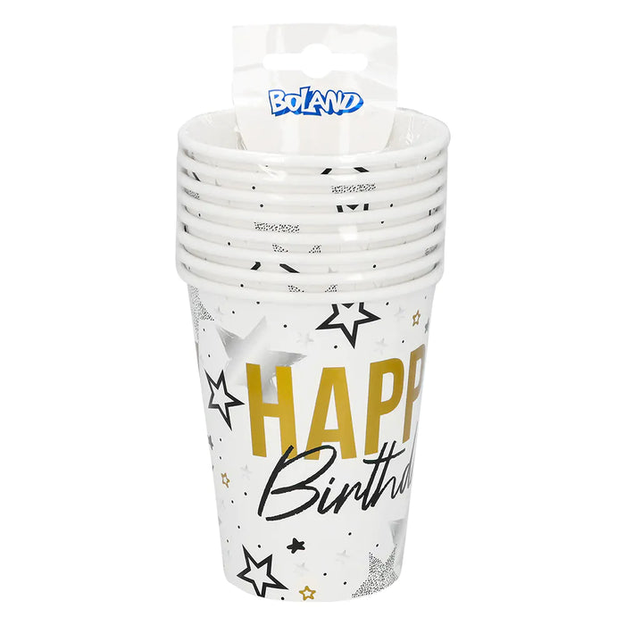 „Happy Birthday“ 8 Pappbecher 250 ml | Gold Schwarz
