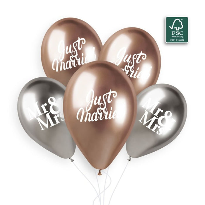 Latexballon 33 cm Mr&Mrs + Just Married Roségold Silber | 5 Stück
