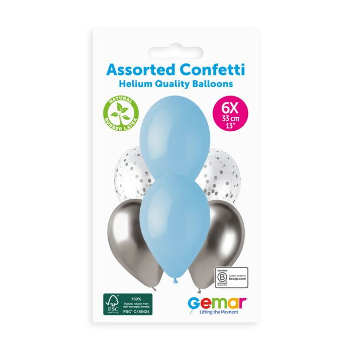 Latexballon 33 cm Blau Silber mit Konfetti | 6 Stück