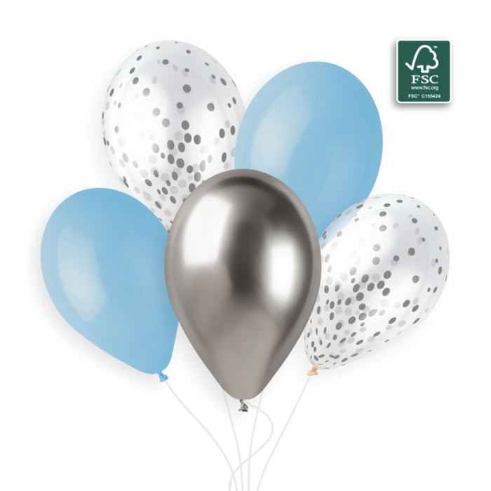 Latexballon 33 cm Blau Silber mit Konfetti | 6 Stück
