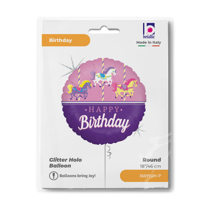ABC18 Folienballon "Happy Birthday Karussellpferdchen" Holo | Ø 46 cm