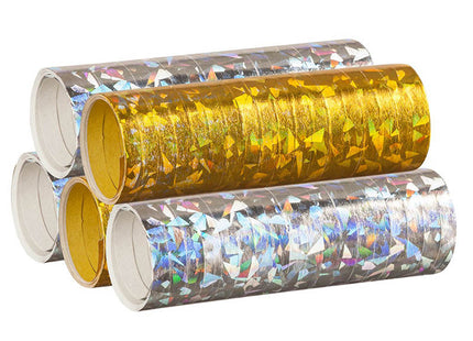 Luftschlangen "Holografisch" 4m / 5 Rollen | Gold/Silber