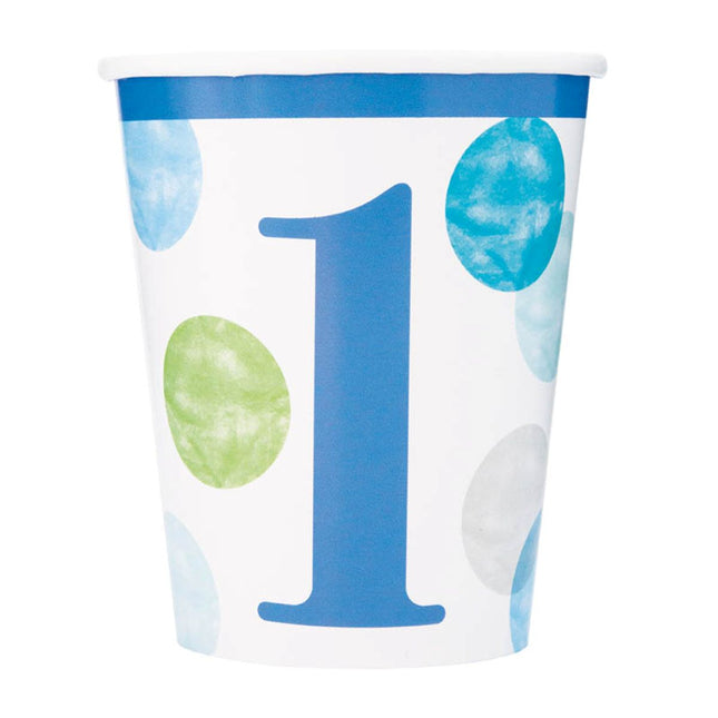 Pappbecher Dots Blau 1st Birthday 266ml/8Stk.