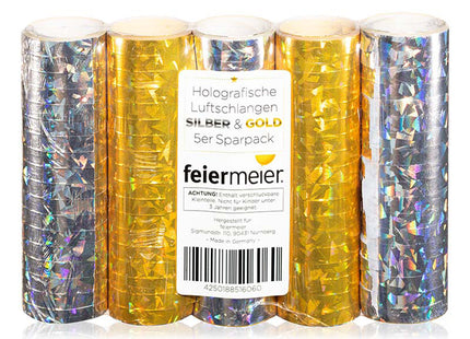 Luftschlangen "Holografisch" 4m / 5 Rollen | Gold/Silber
