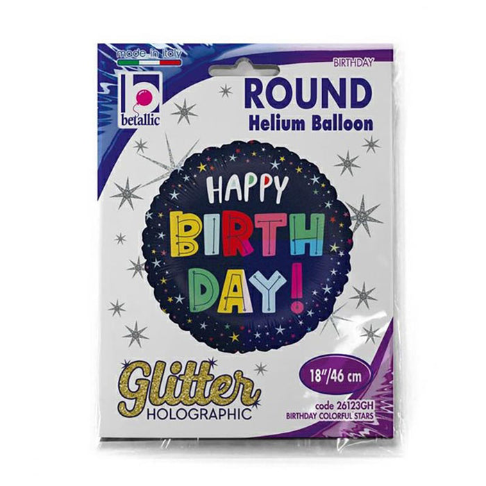 ABC18 Folienballon "Happy Birthday Sterne" Glitter/Holo | Ø 46 cm