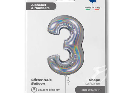 Riesenzahl Folienballon 40"/102cm | Holo Silber #3