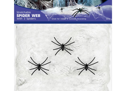 Weißes Spinnennetz 50g mit 3 Spinnen | Halloween Dekoration