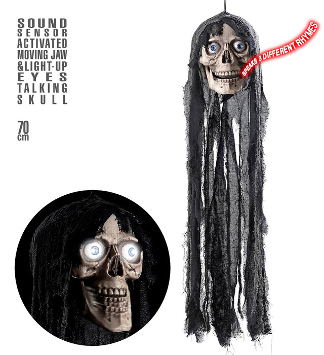 Anfrage erfolgreich  Hänge-Figur Totenkopf mit Licht, Sound & Bewegung 70 cm | Der sprechende Schädel für deine Halloween-Deko