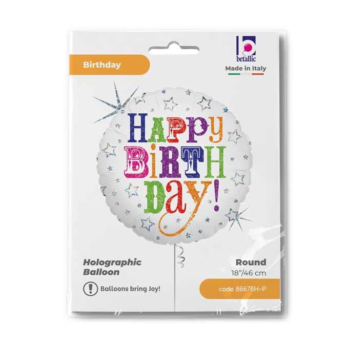 ABC18 Folienballon "Happy Birthday Sterne" Holo/Glitter | Ø 46 cm Weiß