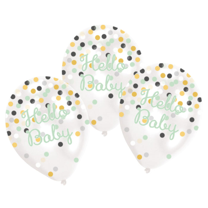 "Hello Baby" Latexballons 6 Stück 11" | Transparent mit Konfetti