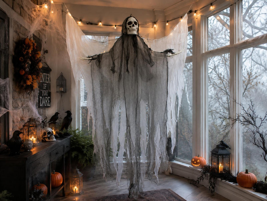 Todesengel Halloween Hängefigur 180 cm – Geist mit Flügeln & Totenkopf