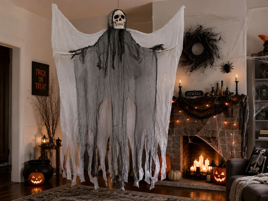 Todesengel Halloween Hängefigur 180 cm – Geist mit Flügeln & Totenkopf