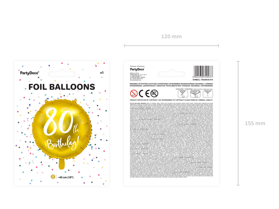 ABC18 Folienballon "80th Birthday" | Ø 45 cm Gold