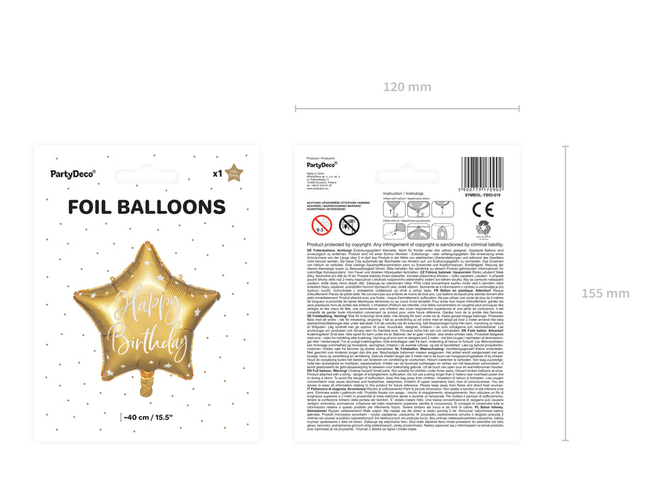 ABC18 Stern Folienballon "Happy Birthday" | Ø 45 cm Gold