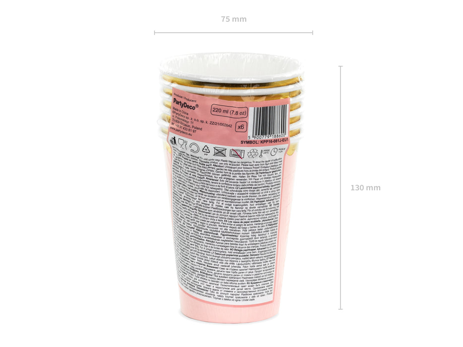 Pappbecher Goldrand 220ml/6Stk. Rosa