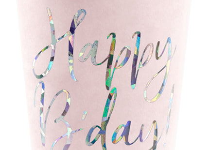 6 Pappbecher "Happy B'day" 220 ml | Hell-Puderrosa