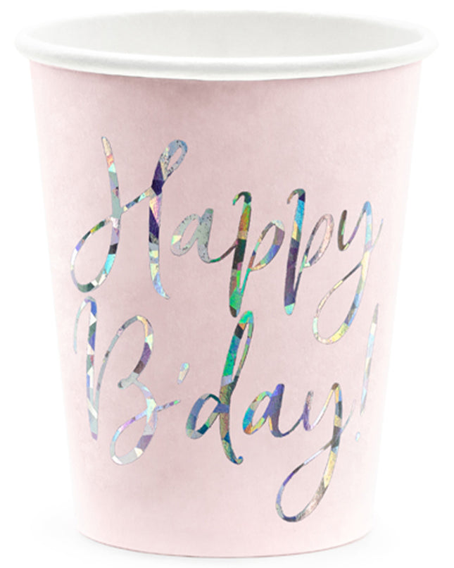 6 Pappbecher "Happy B'day" 220 ml | Hell-Puderrosa