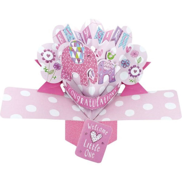Grußkarte PopUp "Baby Girl" Elefanten Babyparty Dekoration für Mädchen