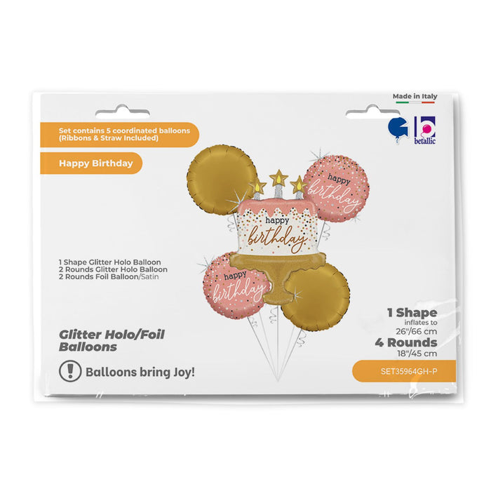 SET Shape Folienballon Kuchen "Happy Birthday" | 1 Shape, 4 Rundballons