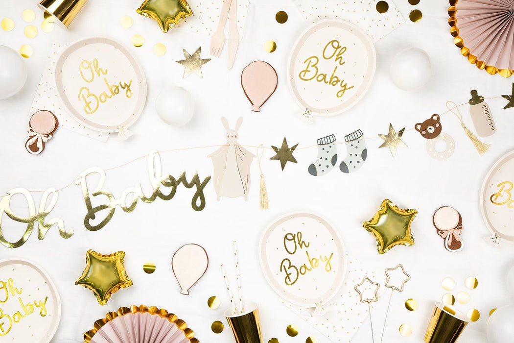 "Oh Baby" Papier Teller Weiß/Gold | 6 Stück 17,5 x 22 cm Babyparty Dekoration