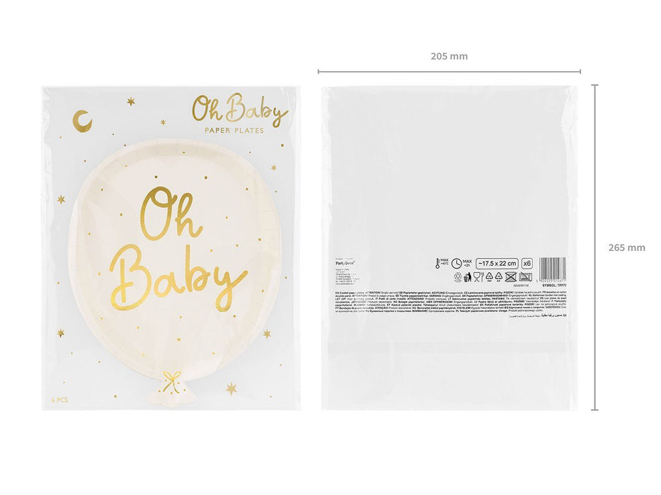 "Oh Baby" Papier Teller Weiß/Gold | 6 Stück 17,5 x 22 cm Babyparty Dekoration
